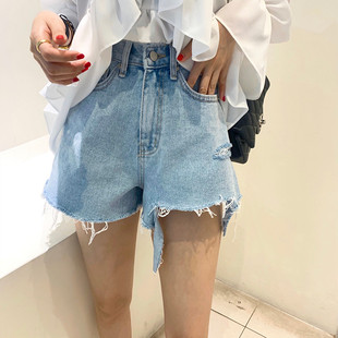大码胖妹妹破洞牛仔短裤女夏装港味chic高腰学生直筒百搭阔腿热裤