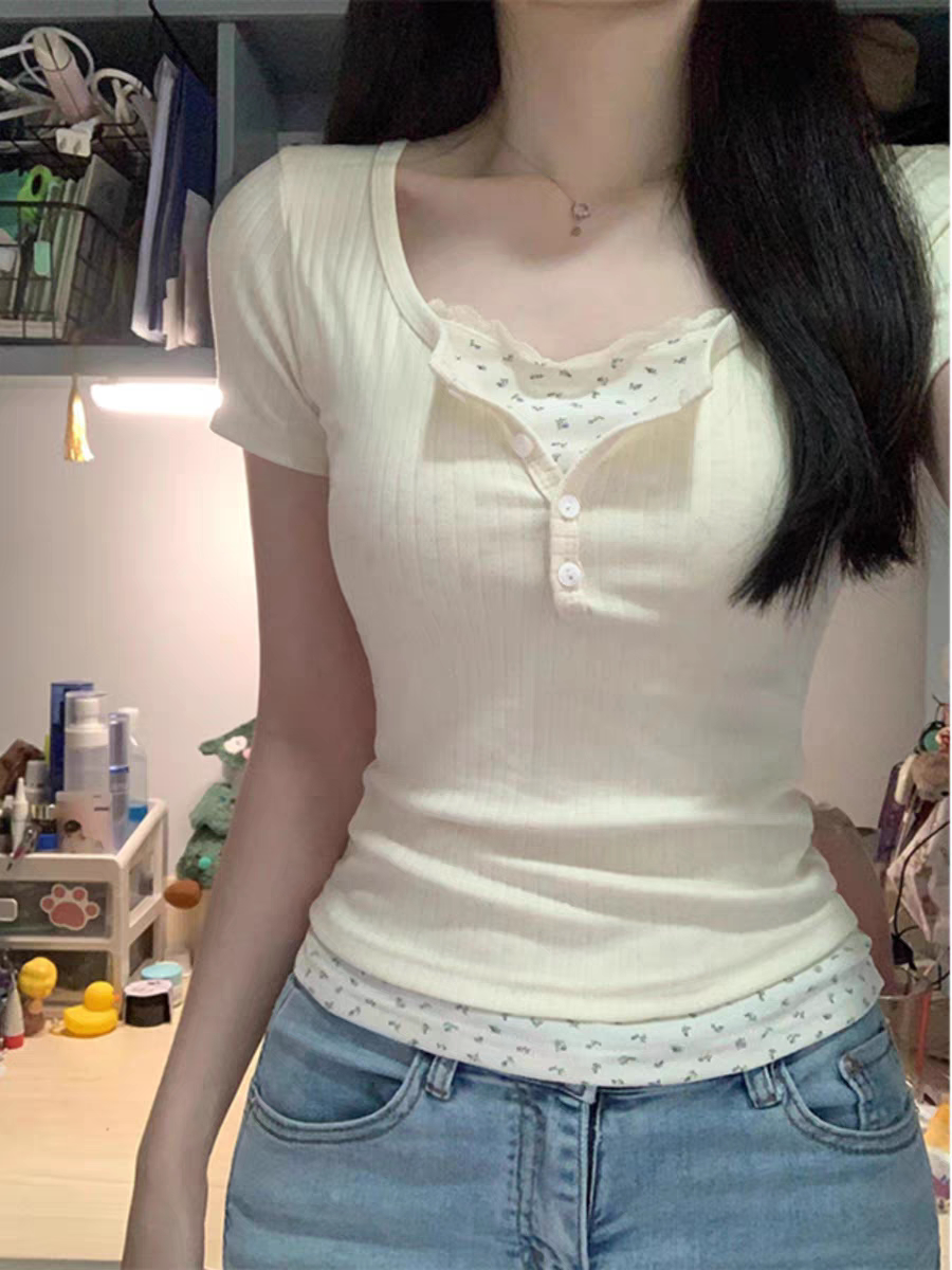 假两件碎花正肩短袖t恤女夏季新款大码微胖mm修身收腰显瘦上衣潮