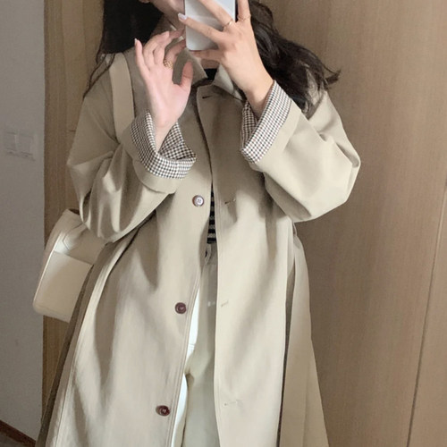大码胖妹妹风衣外套系带收腰过膝