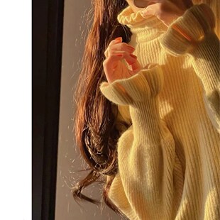 大码胖MM木耳边半高领灯笼袖针织衫毛衣女秋冬温柔风宽松百搭上衣