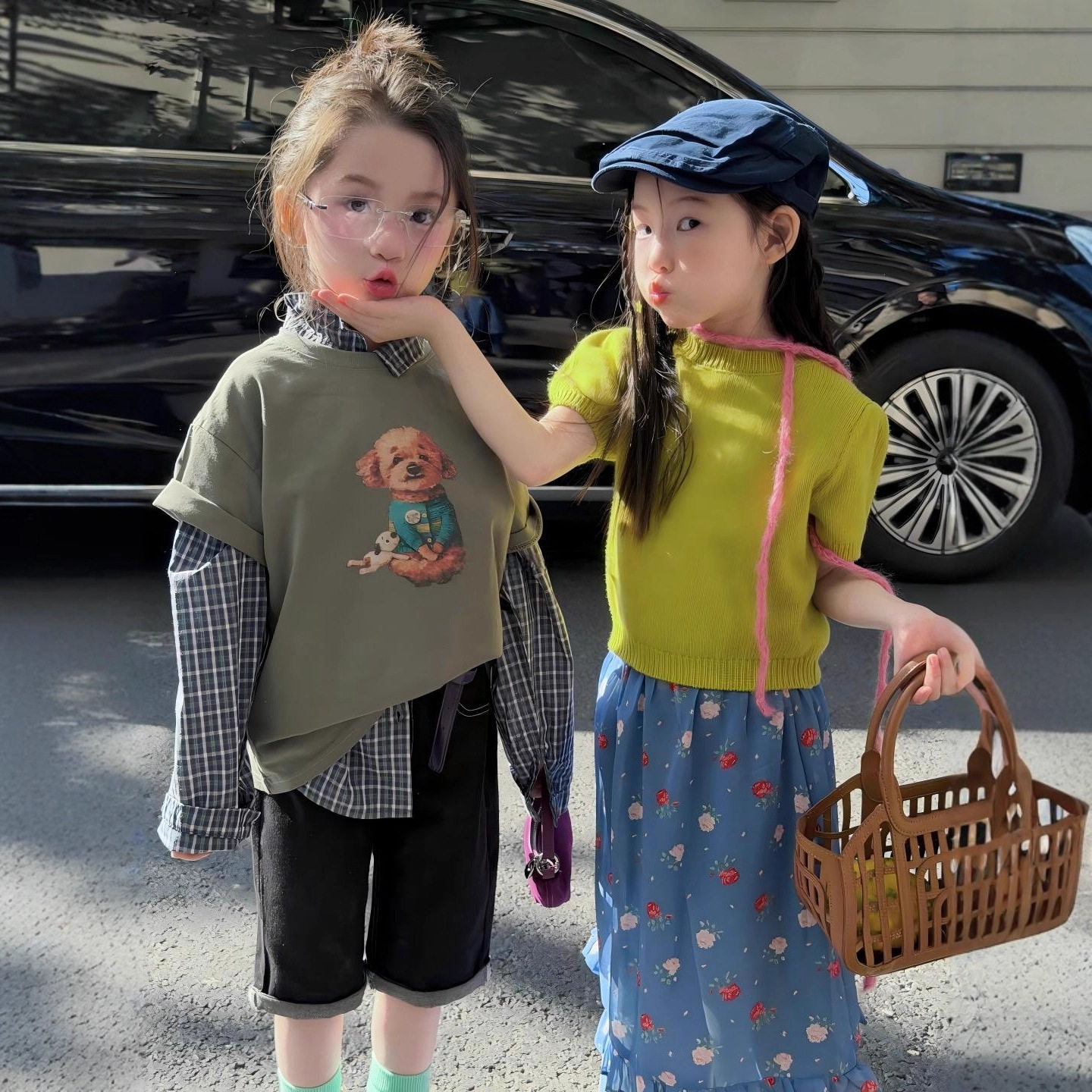 bora韩国童装儿童春夏卡通简搭短袖叠穿格子衬衣女童牛仔裤套,童装/婴儿装/亲子装,儿童牛仔裤,淘宝优惠券,粉丝福利购,淘宝优惠卷