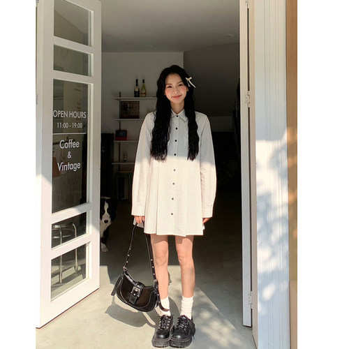 Punkhoo 春季新款韩版条纹衬衫裙气质百搭连衣裙宽松设计感小个子