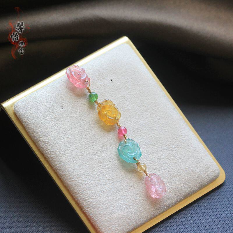 帕蓝橙红碧玺玫瑰花雕刻搭配碧玺小圆珠DIY手链项链吊坠挂件