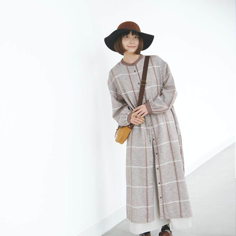 PLANTS DREAM 日系棉麻格子宽松女式长袖衬衣裙