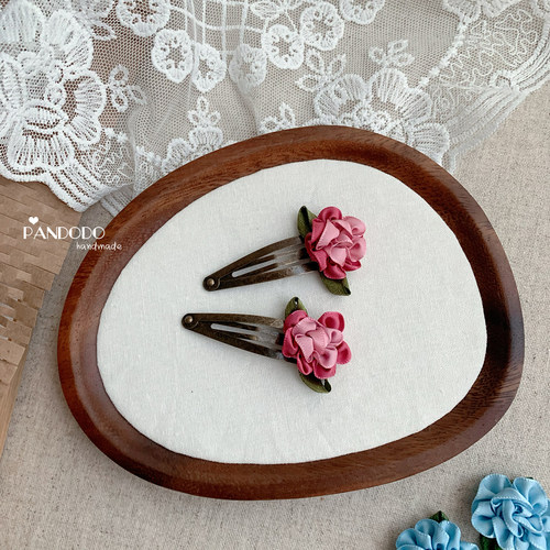 PANDODO手工儿童发夹 复古发饰手缝花朵女童边夹 韩国进口BB夹