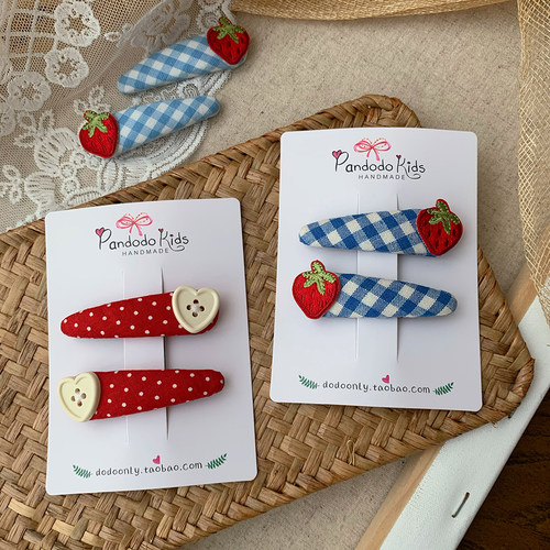 包邮小众蓝色格子草莓刺绣儿童发夹 红色波点爱心纽扣宝宝碎发卡
