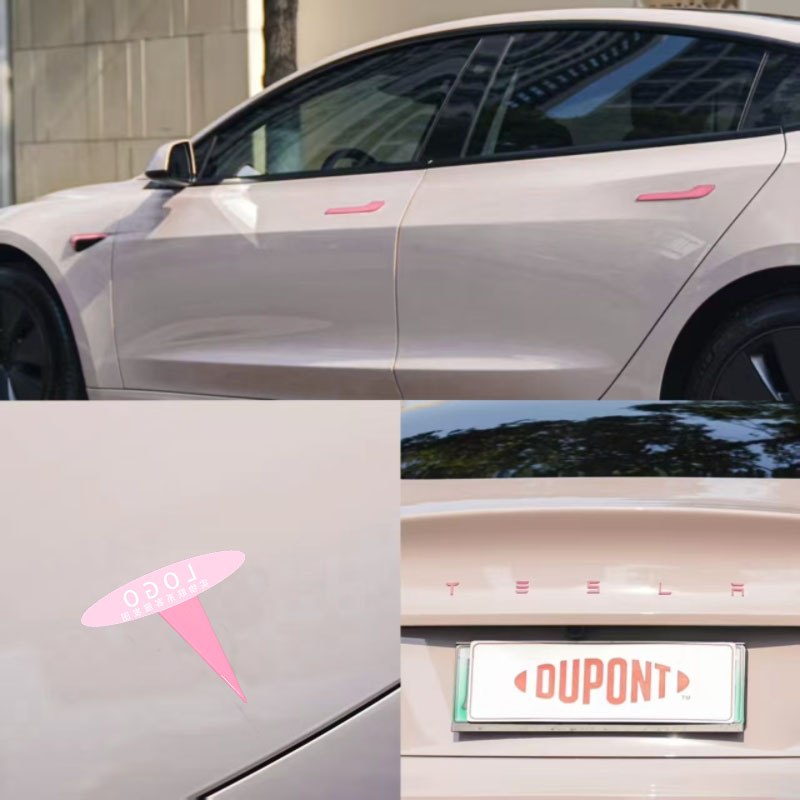 适用特斯拉ModelY/3焕新车标樱花粉色尾门贴门把手装饰丫配件改装