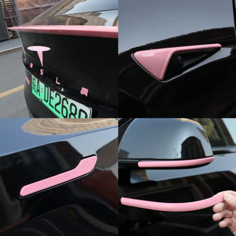 适用特斯拉ModelY/3焕新车标樱花粉色尾门贴门把手装饰丫配件改装