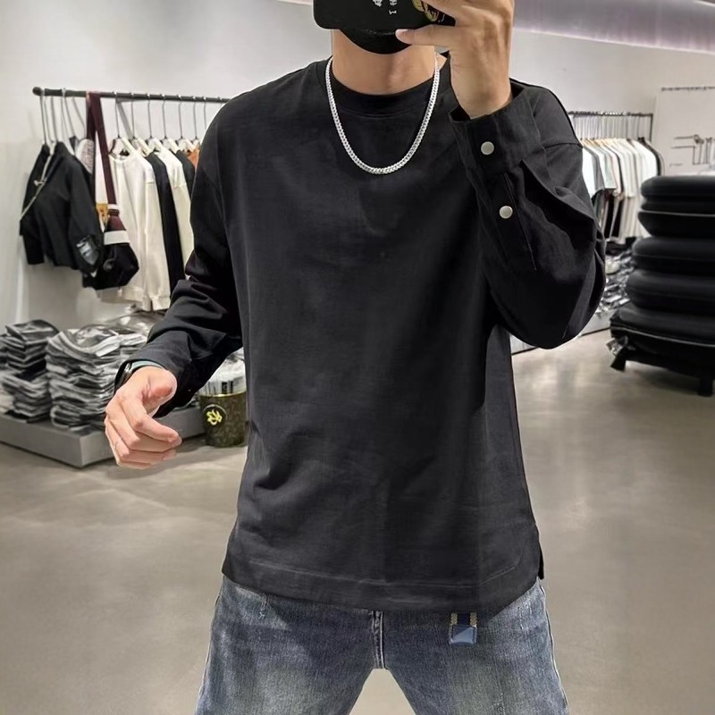 纯棉白色长袖t恤男2025秋季新款圆领套头开叉韩版宽松纯色打底衫