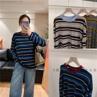 时髦ROW风撞色条纹宽松休闲慵懒感天丝羊毛衫套头针织衫薄款女春