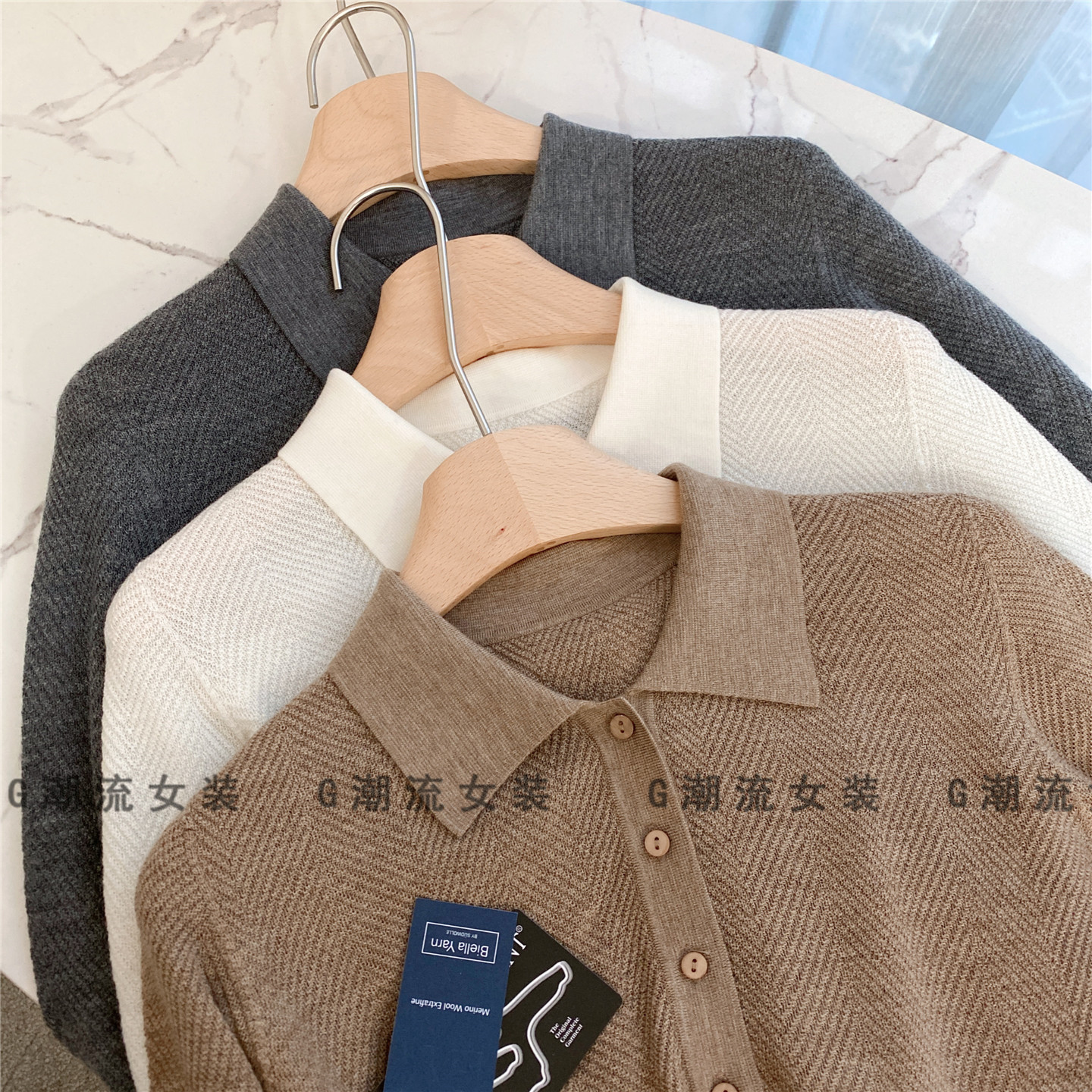 小资气质OL通勤商务弹力修身无缝一体扬子纱POLO羊毛衫纯色女秋冬