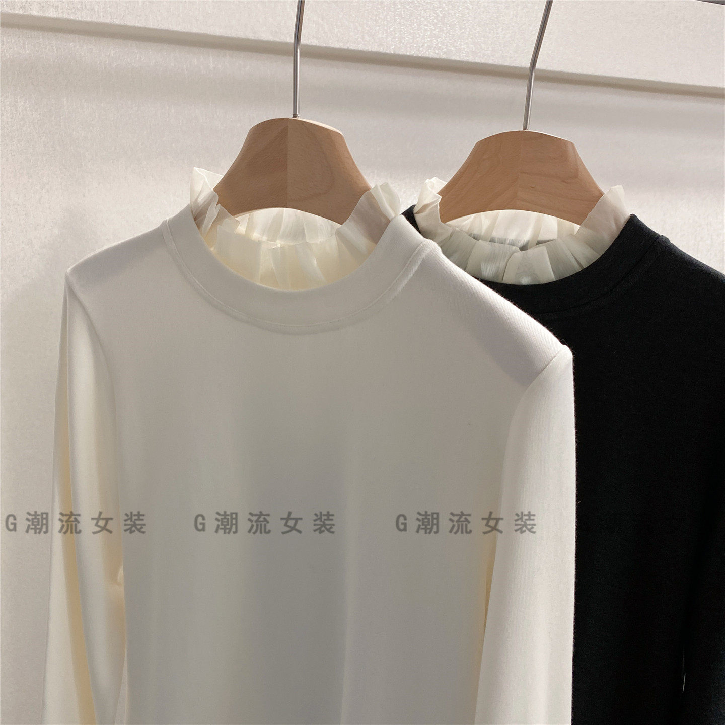 温柔气质欧根纱拼接舒适弹力修身半高领磨毛打底衫长袖纯色女秋冬