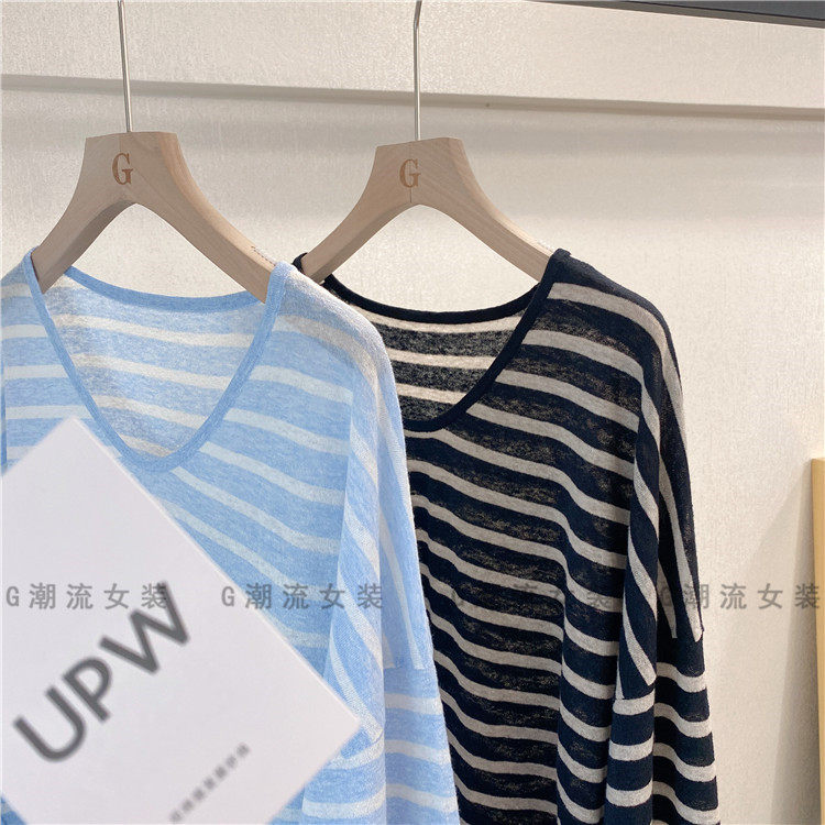高端UPW线撞色条纹ROW风慵懒宽松V领棉亚麻针织衫薄款罩衫女春夏图片
