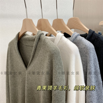 知性通知OL青果领柔软保暖100绵羊毛针织衫套头V领毛衣上衣女秋冬