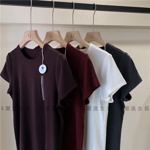 极简ROW风羊绒质感OL通勤休闲弹力修身圆领短袖T恤红色女纯色春夏