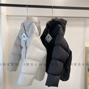 抗寒加厚保暖轻盈饱满宽松休闲90鸭绒连帽羽绒服外套纯色厚款女冬