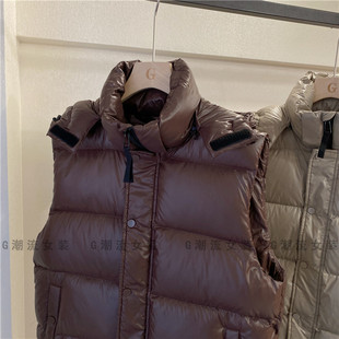 休闲运动时髦亮面纯色百搭90白鹅绒连帽羽绒马甲外套女款秋冬