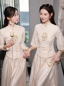 中式香槟色伴娘服2023新款旗袍姐妹团显瘦高级秀禾礼服中国风复古