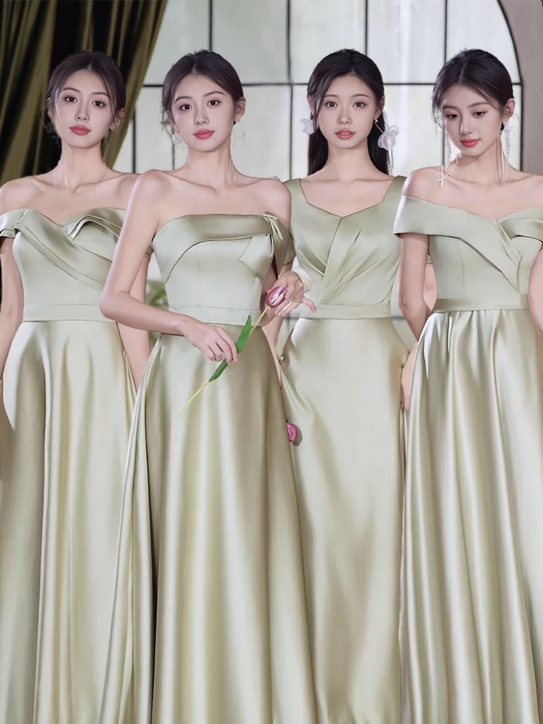 2024新款绿色伴娘服缎面夏季高级小众姐妹团性感显瘦气质平时可穿