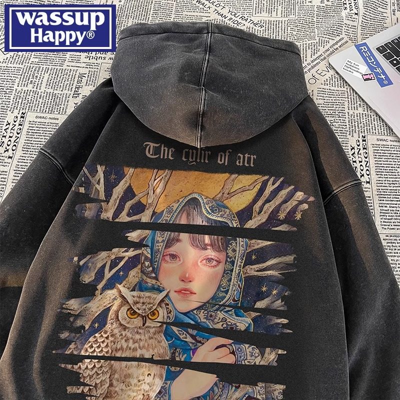 wassup happy美式复古连帽卫衣男款春秋季重磅水洗做旧hiphop外套