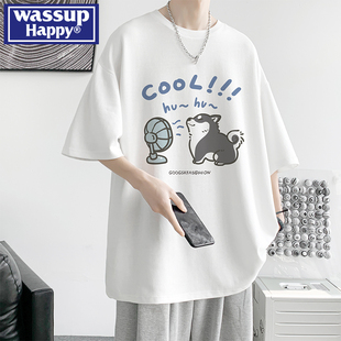 半袖 薄款 宽松大码 情侣卡通五分袖 happy重磅短袖 wassup t恤男夏季