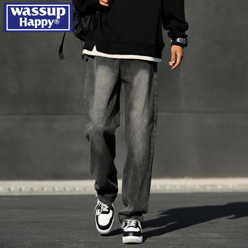 WASSUP HAPPY复古烟灰色牛仔裤男夏季2024新款美式高街休闲长裤子