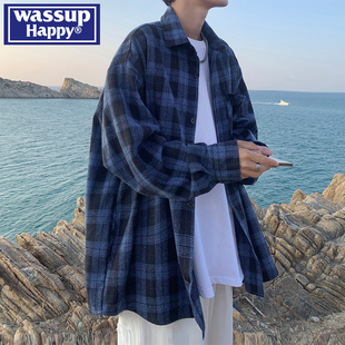 2024新款 夏季 衬衣男士 WASSUP 潮牌复古格子衬衫 HAPPY休闲长袖 外套