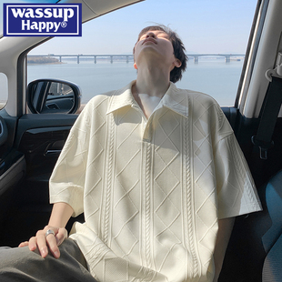 happy麦穗纹短袖 薄款 wassup t恤男夏季 宽松翻领POLO衫 休闲五分袖