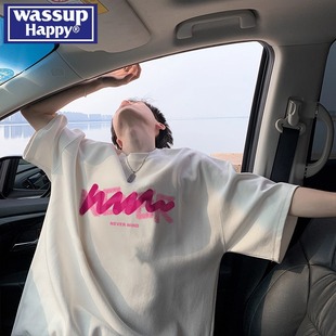 潮牌休闲五分袖 t恤男夏季 薄款 情侣宽松半袖 happy美式 wassup 短袖