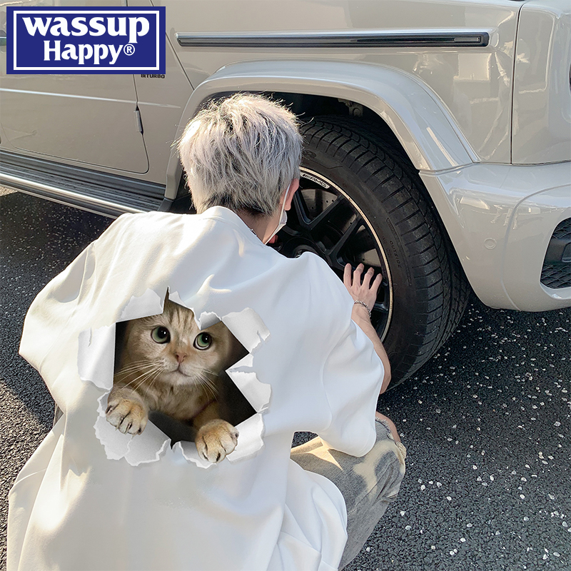 WASSUPHAPPYT恤高街猫咪印花