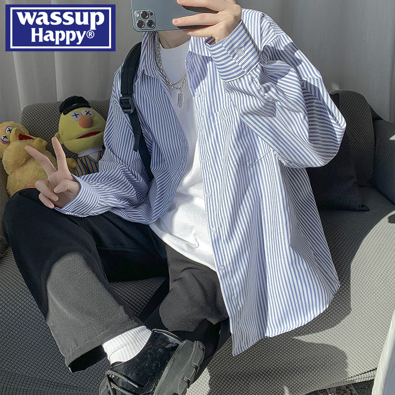 wassup happy日系条纹长袖衬衫男春秋季潮牌宽松上衣情侣休闲外套