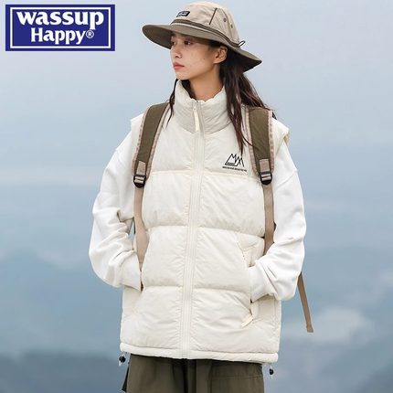 WASSUP HAPPY加厚羽绒棉服马甲男士冬季美式马夹外套2025新款坎肩