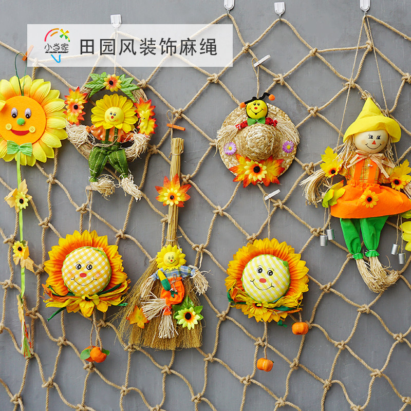 学校幼儿园内外挂饰墙面装饰田园风创意太阳花稻草娃娃帽人草吊饰