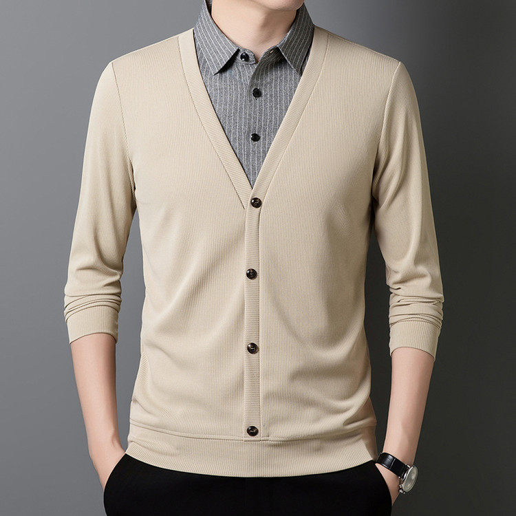 2025新款假两件针织开衫男衬衫领韩版潮帅气休闲秋季修身薄款毛衣