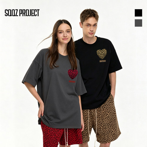 SQQZ PROJECT 新款立体塞棉单颗豹纹爱心短袖T恤情侣款