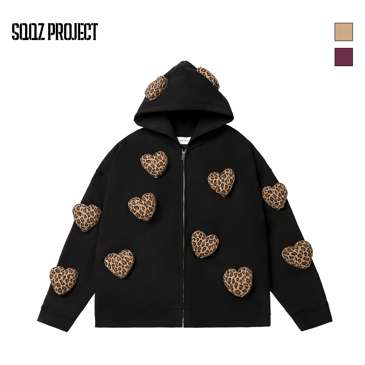 SQQZ PROJECT秋冬抓绒原创满身立体塞棉豹纹爱心连帽卫衣外套情侣