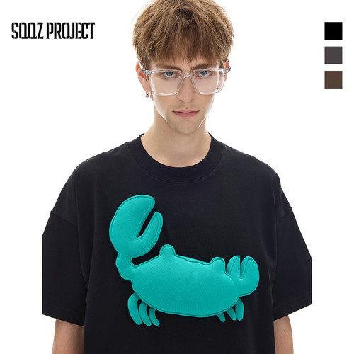SQQZ PROJECT新款300G立体塞棉螃蟹图案圆领短袖T恤情侣鸡米花