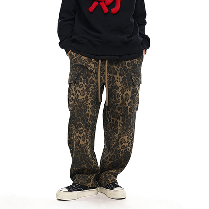 SQQZ PROJECT秋季新款纯棉梭织豹纹宽松休闲长裤情侣鸡米花工作室