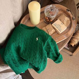 儿童保暖毛衣2025秋新男女童纯色刺绣长袖 针织宝宝套头绞花毛线衫
