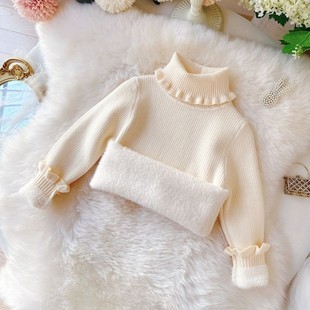女童加绒毛衣秋冬新款宝宝高领花边打底衫女孩加厚一体毛毛绒上衣