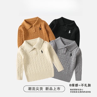 韩国男童女童针织衫秋冬新款韩版百搭时髦Polo领儿童保暖刺绣毛衣