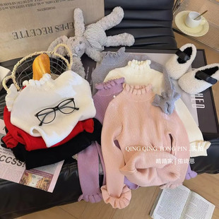 韩国女童保暖毛衣秋冬儿童纯色百搭木耳边洋气半高领针织衫打底衫