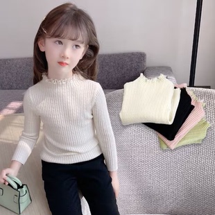 女童毛衣打底衫2025新款小女孩洋气蕾丝边秋冬儿童百搭上衣针织衫