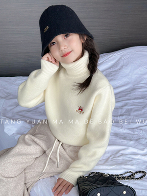 女童毛衣2025冬季韩版洋气儿童高领打底衫一体绒加绒加厚针织衫潮