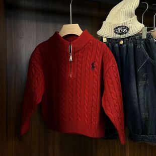 过年服男女童卡通刺绣毛衣2025冬装新款加厚保暖红色麻花针织衫潮