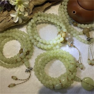 黄白老玉108粒佛珠手串手链项链吊坠手把件手镯和田玉析木河磨