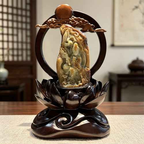 和田玉黄白河磨玉观音摆件手把件