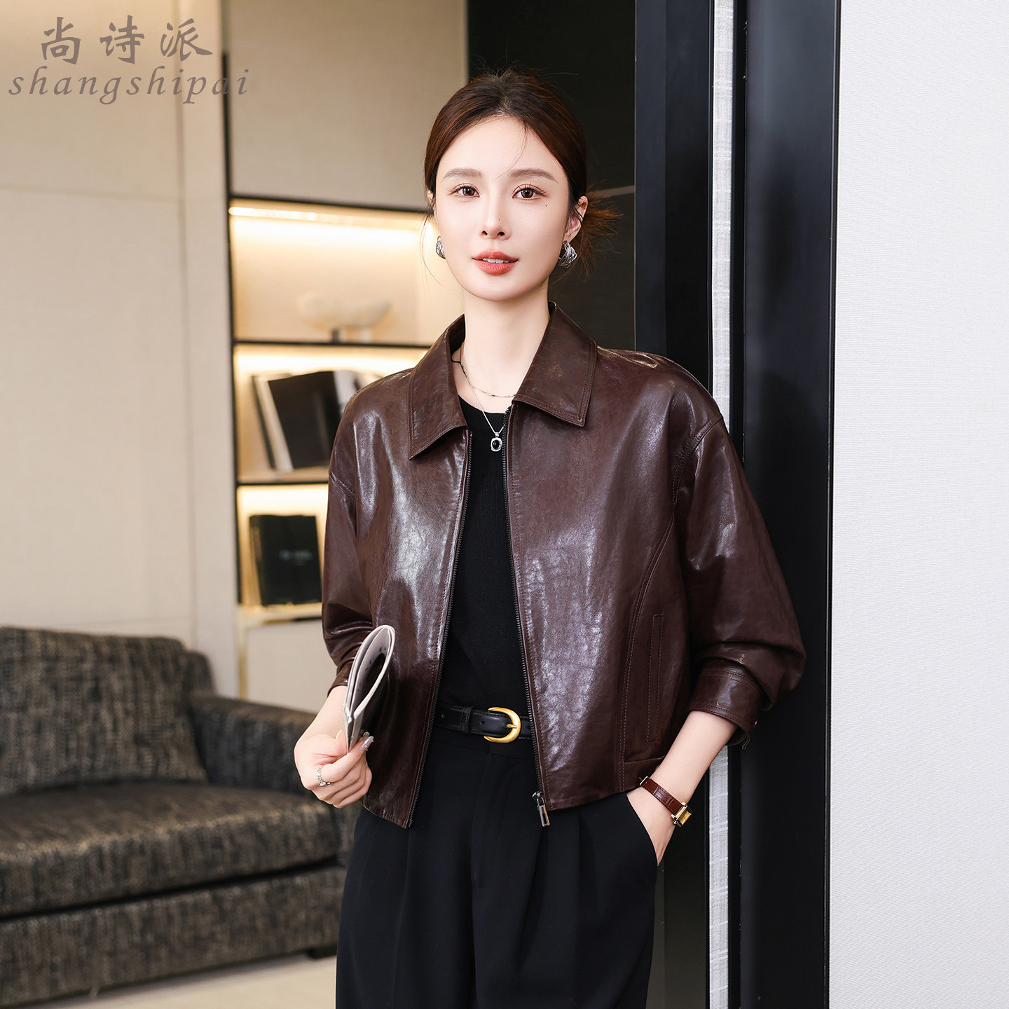 2026春季新款真皮皮衣女海宁油蜡绵羊皮短款宽松机车夹克外套翻领