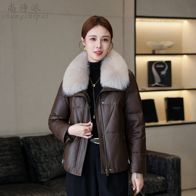 中年妈妈真皮羽绒服外套女短款