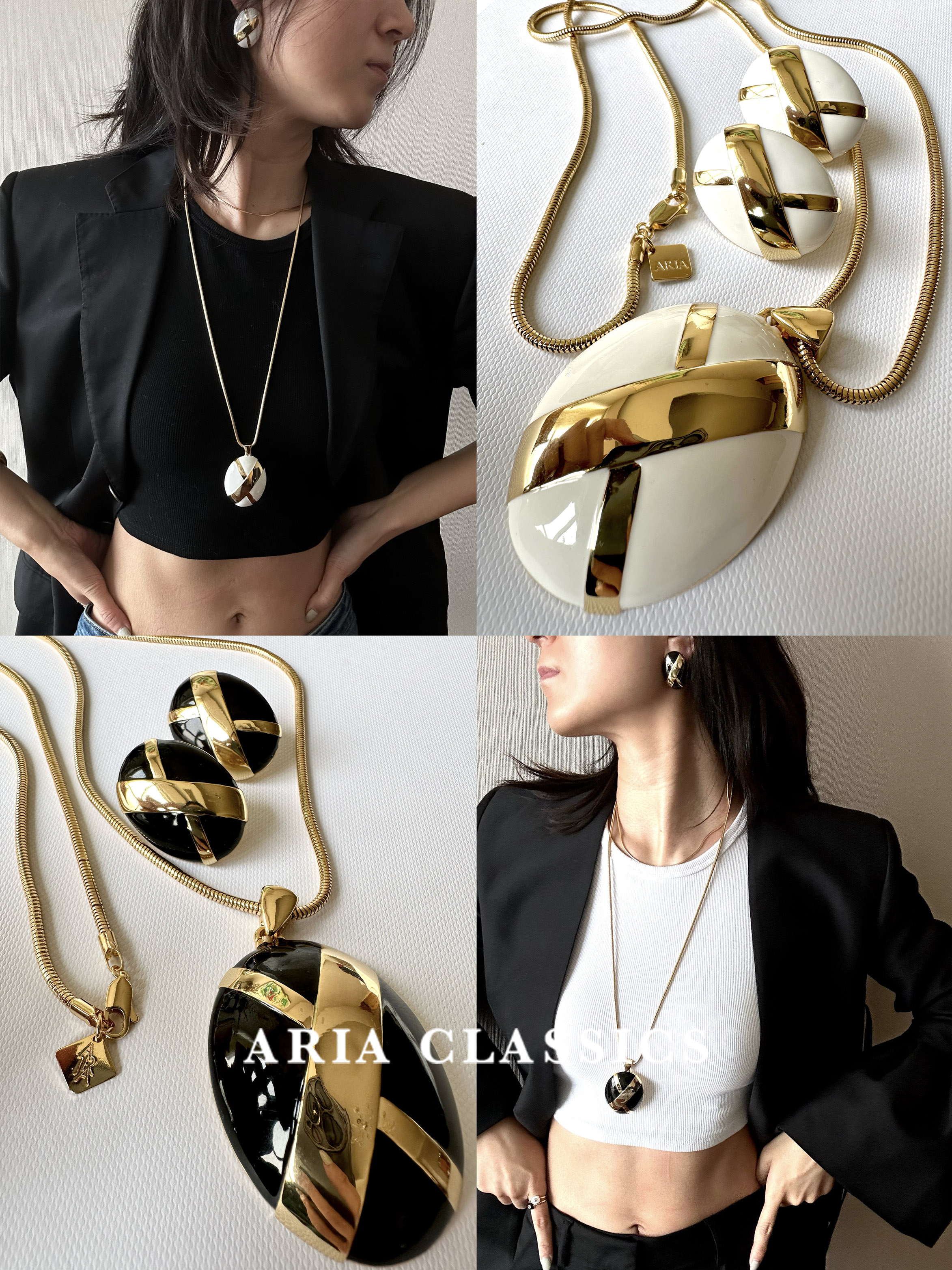 黑白珐琅套装项链耳环女款